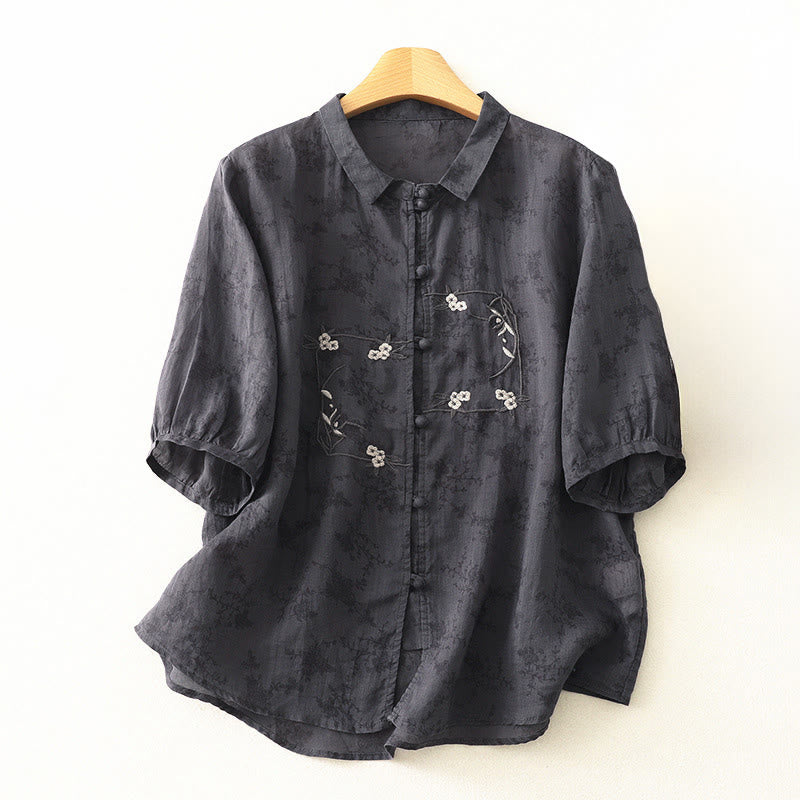 Buddha Stones Chemise d'été pour femme à col montant, boutons brodés et manches trois-quarts - Gris sombre - US8-10，UK/AU12-14，EU40-42 (2XL) - image 0