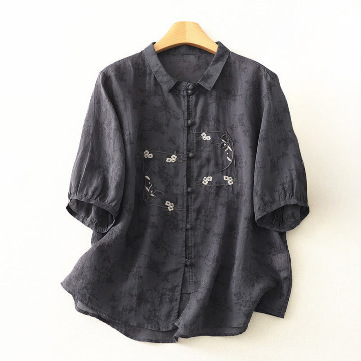 Buddha Stones Chemise d'été pour femme à col montant, boutons brodés et manches trois-quarts - Gris sombre - US8-10，UK/AU12-14，EU40-42 (2XL) - image 0
