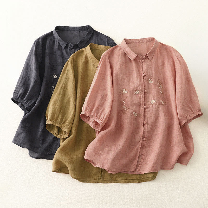 Buddha Stones Chemise d'été pour femme à col montant, boutons brodés et manches trois-quarts - image 19