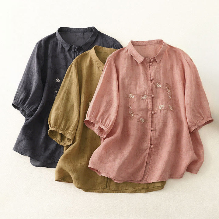 Buddha Stones Chemise d'été pour femme à col montant, boutons brodés et manches trois-quarts - image 19