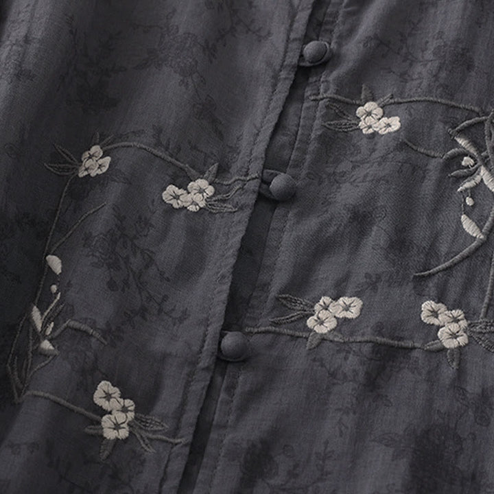 Buddha Stones Chemise d'été pour femme à col montant, boutons brodés et manches trois-quarts - image 2
