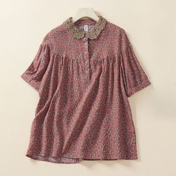 Buddha Stones Chemise à manches courtes en coton pour femme, à imprimé floral et boutons sur le devant - LightCoral - US8-10，UK/AU12-14，EU40-42 (2XL) - image 5