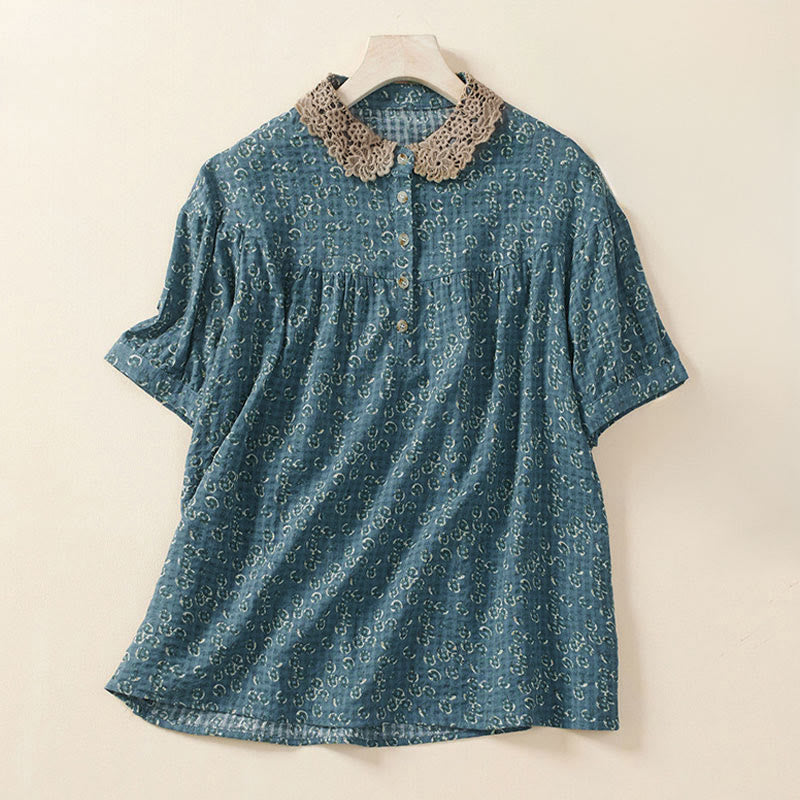 Buddha Stones Chemise à manches courtes en coton pour femme, à imprimé floral et boutons sur le devant - SteelBlue - US8-10，UK/AU12-14，EU40-42 (2XL) - image 2