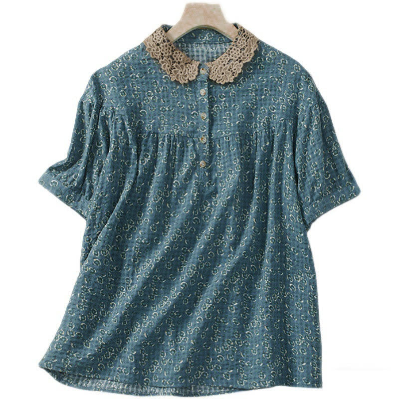 Buddha Stones Chemise à manches courtes en coton pour femme, à imprimé floral et boutons sur le devant - image 3