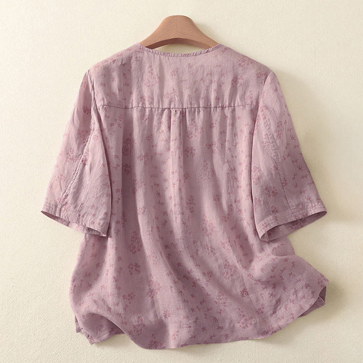 Buddha Stones Chemise à boutons pour femme, manches trois-quarts, imprimé floral décontracté - image 1