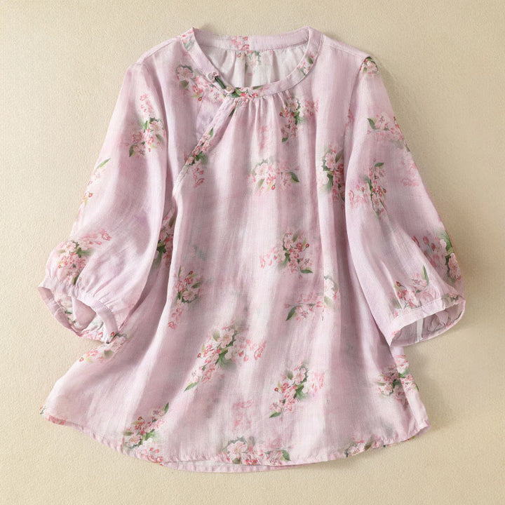 Buddha Stones Chemisier décontracté à col rond et boutons brandebourg, imprimé floral, manches courtes, chemises pour femmes - LavandeBlush - US8-10，UK/AU12-14，EU40-42 (2XL) - image 7