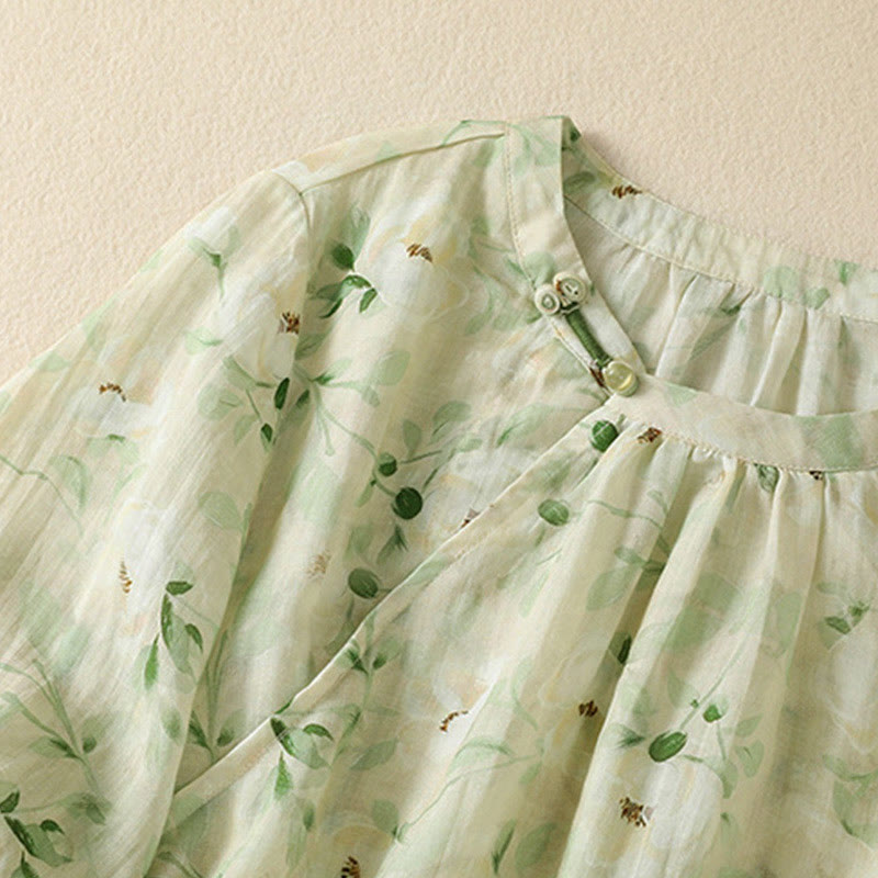 Buddha Stones Chemisier décontracté à col rond et boutons brandebourg, imprimé floral, manches courtes, chemises pour femmes - image 4