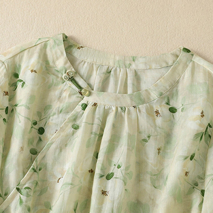 Buddha Stones Chemisier décontracté à col rond et boutons brandebourg, imprimé floral, manches courtes, chemises pour femmes - image 2