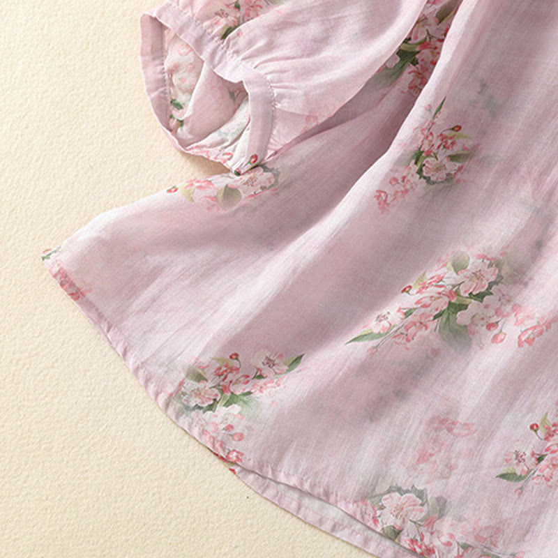 Buddha Stones Chemisier décontracté à col rond et boutons brandebourg, imprimé floral, manches courtes, chemises pour femmes - image 12