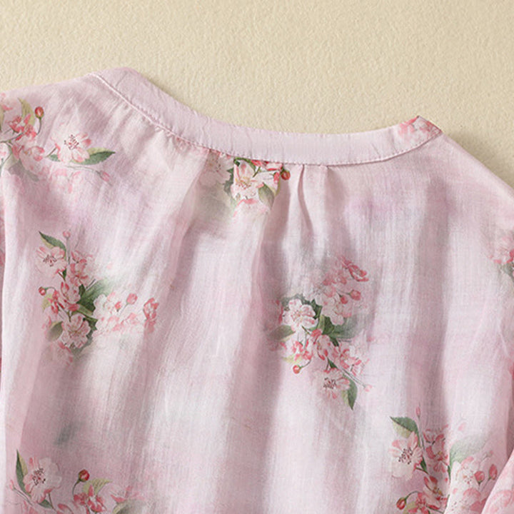 Buddha Stones Chemisier décontracté à col rond et boutons brandebourg, imprimé floral, manches courtes, chemises pour femmes - image 10