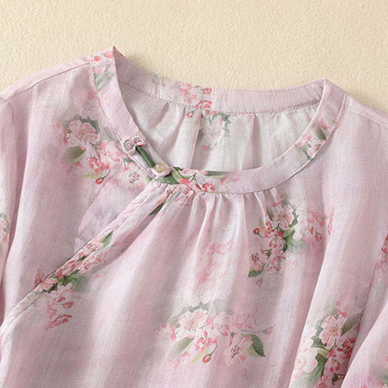 Buddha Stones Chemisier décontracté à col rond et boutons brandebourg, imprimé floral, manches courtes, chemises pour femmes - image 9