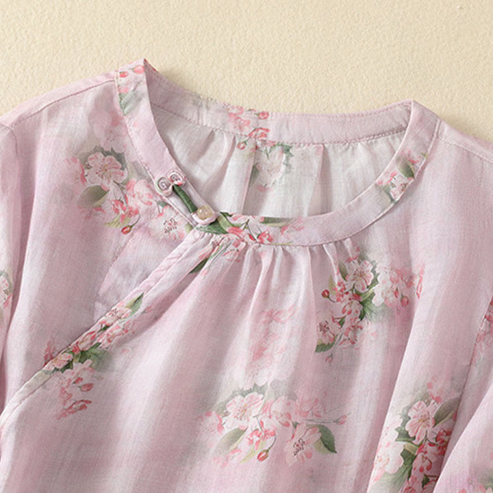 Buddha Stones Chemisier décontracté à col rond et boutons brandebourg, imprimé floral, manches courtes, chemises pour femmes - image 9