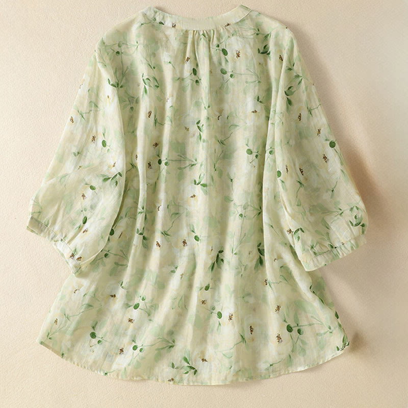 Buddha Stones Chemisier décontracté à col rond et boutons brandebourg, imprimé floral, manches courtes, chemises pour femmes - image 1