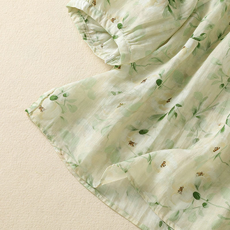 Buddha Stones Chemisier décontracté à col rond et boutons brandebourg, imprimé floral, manches courtes, chemises pour femmes - image 6