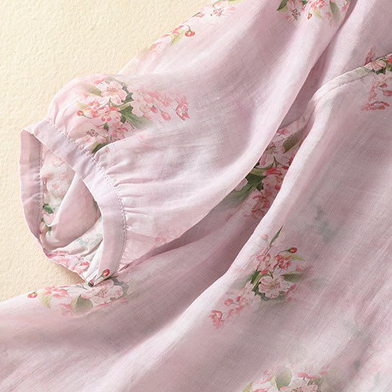 Buddha Stones Chemisier décontracté à col rond et boutons brandebourg, imprimé floral, manches courtes, chemises pour femmes - image 13