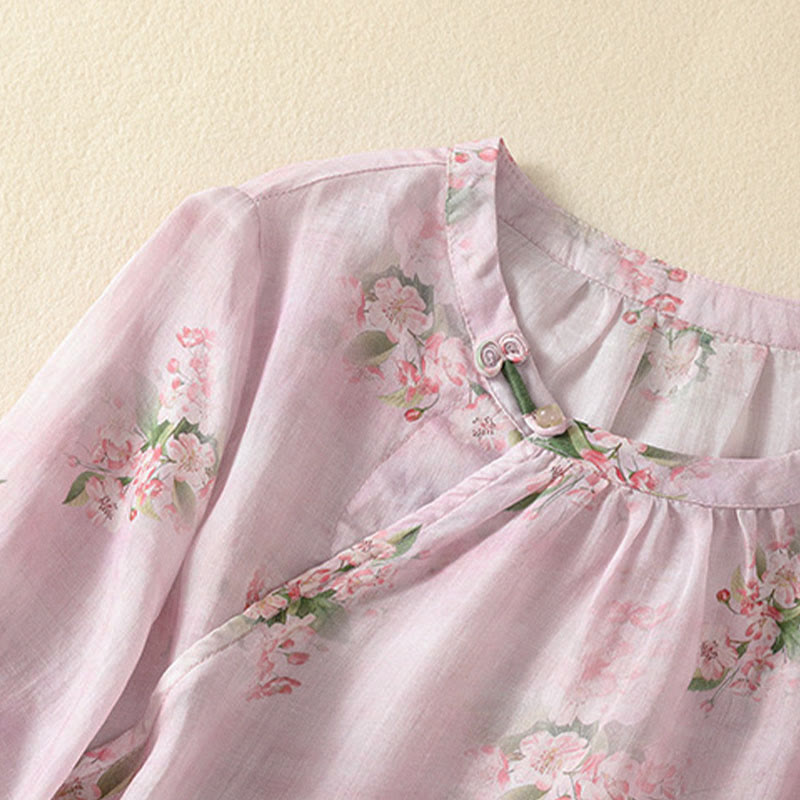 Buddha Stones Chemisier décontracté à col rond et boutons brandebourg, imprimé floral, manches courtes, chemises pour femmes - image 11