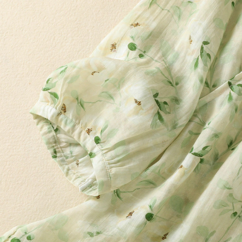 Buddha Stones Chemisier décontracté à col rond et boutons brandebourg, imprimé floral, manches courtes, chemises pour femmes - image 5