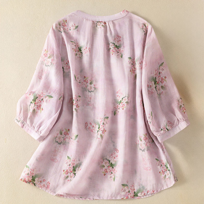 Buddha Stones Chemisier décontracté à col rond et boutons brandebourg, imprimé floral, manches courtes, chemises pour femmes - image 8