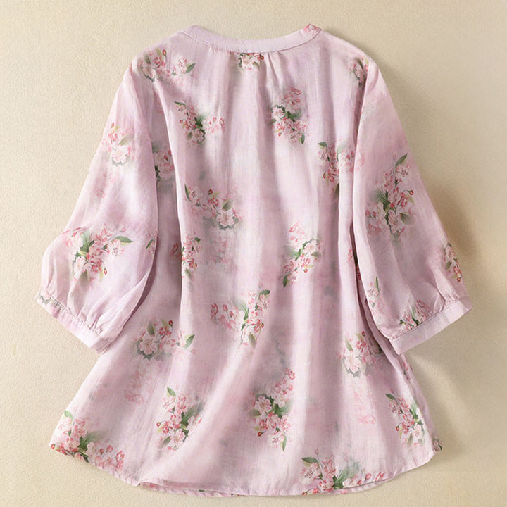 Buddha Stones Chemisier décontracté à col rond et boutons brandebourg, imprimé floral, manches courtes, chemises pour femmes - image 8