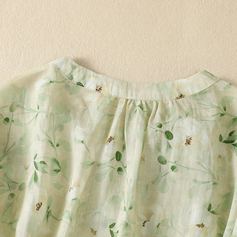 Buddha Stones Chemisier décontracté à col rond et boutons brandebourg, imprimé floral, manches courtes, chemises pour femmes - image 3