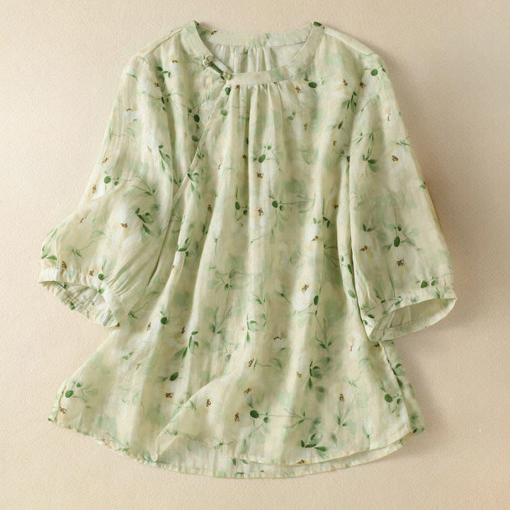 Buddha Stones Chemisier décontracté à col rond et boutons brandebourg, imprimé floral, manches courtes, chemises pour femmes - Beige - US8-10，UK/AU12-14，EU40-42 (2XL) - image 0