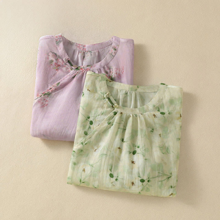 Buddha Stones Chemisier décontracté à col rond et boutons brandebourg, imprimé floral, manches courtes, chemises pour femmes - image 16