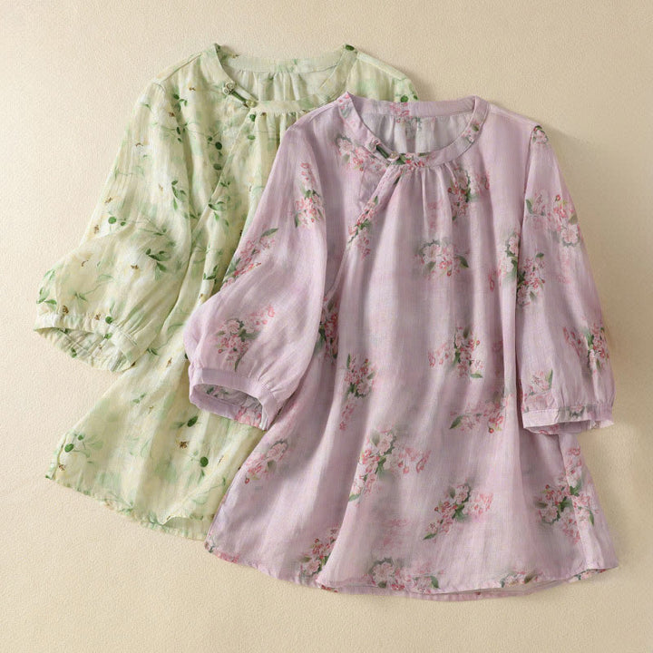 Buddha Stones Chemisier décontracté à col rond et boutons brandebourg, imprimé floral, manches courtes, chemises pour femmes - image 15