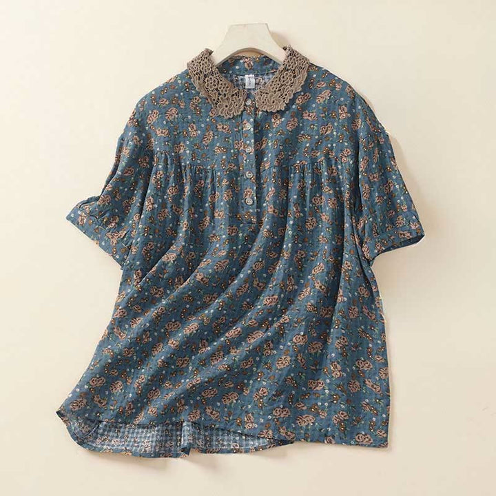 Buddha Stones Chemise à manches courtes en coton pour femme, à imprimé floral et boutons sur le devant - CadetBlue - US8-10，UK/AU12-14，EU40-42 (2XL) - image 0