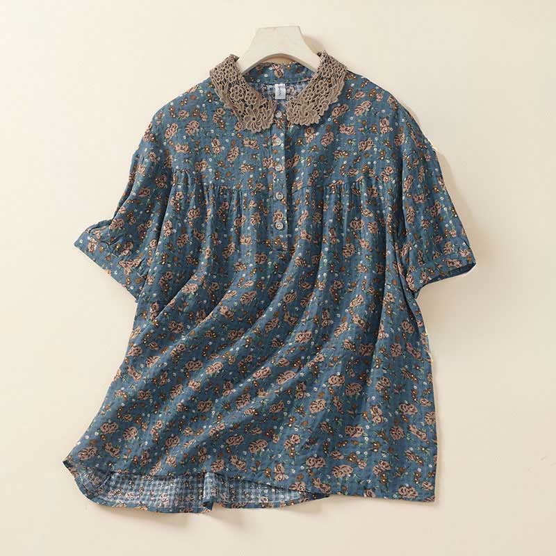 Buddha Stones Chemise à manches courtes en coton pour femme, à imprimé floral et boutons sur le devant - CadetBlue - US8-10，UK/AU12-14，EU40-42 (2XL) - image 0