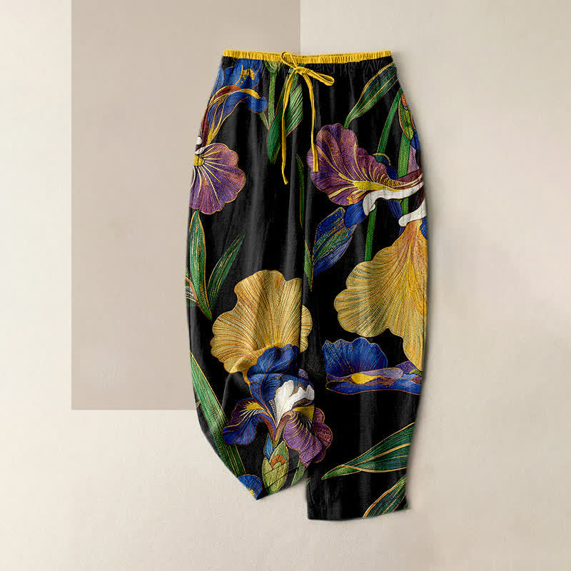 Buddha Stones Pantalon femme en coton à motif floral iris coloré, taille élastique avec cordon de serrage et poches - Noir - US16，UK/AU20，EU48 (3XL) - image 0