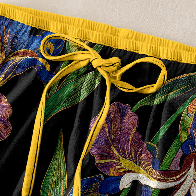Buddha Stones Pantalon femme en coton à motif floral iris coloré, taille élastique avec cordon de serrage et poches - image 1