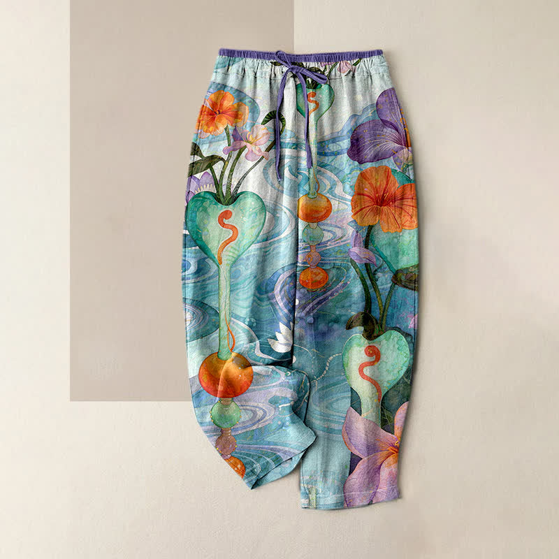 Buddha Stones Pantalon en coton pour femme, à taille élastique avec cordon de serrage et motifs floraux, doté de poches - Turquoise moyen - US16，UK/AU20，EU48 (3XL) - image 0
