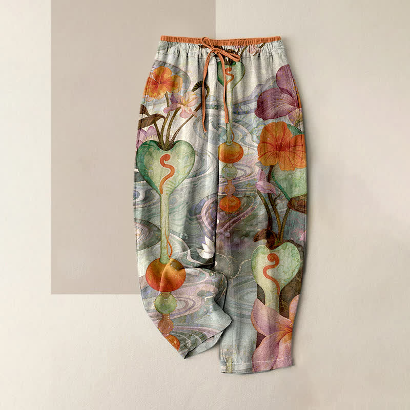 Buddha Stones Pantalon en coton pour femme, à taille élastique avec cordon de serrage et motifs floraux, doté de poches - Vert foncé - US16，UK/AU20，EU48 (3XL) - image 3