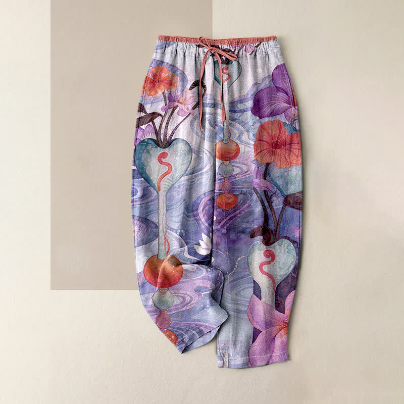 Buddha Stones Pantalon en coton pour femme, à taille élastique avec cordon de serrage et motifs floraux, doté de poches - Orchidée moyenne - US16，UK/AU20，EU48 (3XL) - image 4