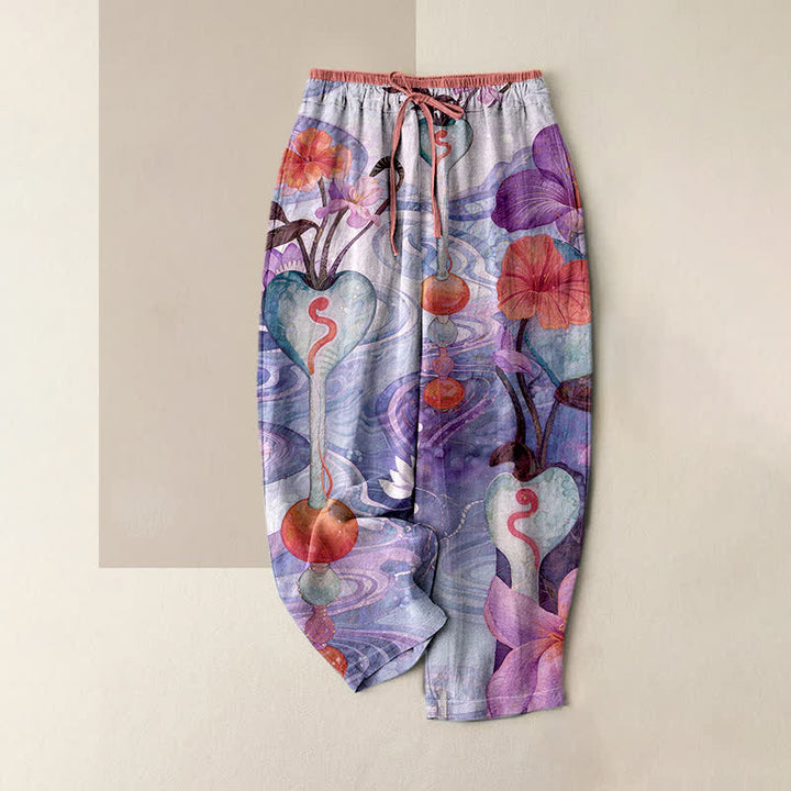 Buddha Stones Pantalon en coton pour femme, à taille élastique avec cordon de serrage et motifs floraux, doté de poches - Orchidée moyenne - US16，UK/AU20，EU48 (3XL) - image 4