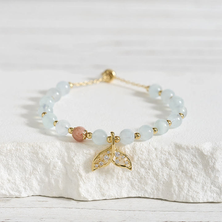 Buddha Stones Bracelet Sérénité en cuivre plaqué or et aigue-marine naturelle, motif queue de poisson - image 2