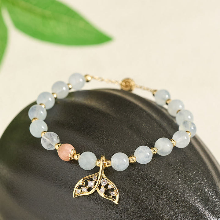Buddha Stones Bracelet Sérénité en cuivre plaqué or et aigue-marine naturelle, motif queue de poisson - image 1