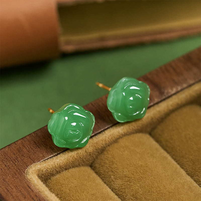 Buddha Stones Boucles d'oreilles en argent sterling 925, calcédoine verte rose, symbole de force et de courage - Calcédoine verte (tiges en argent sterling 925) - image 0