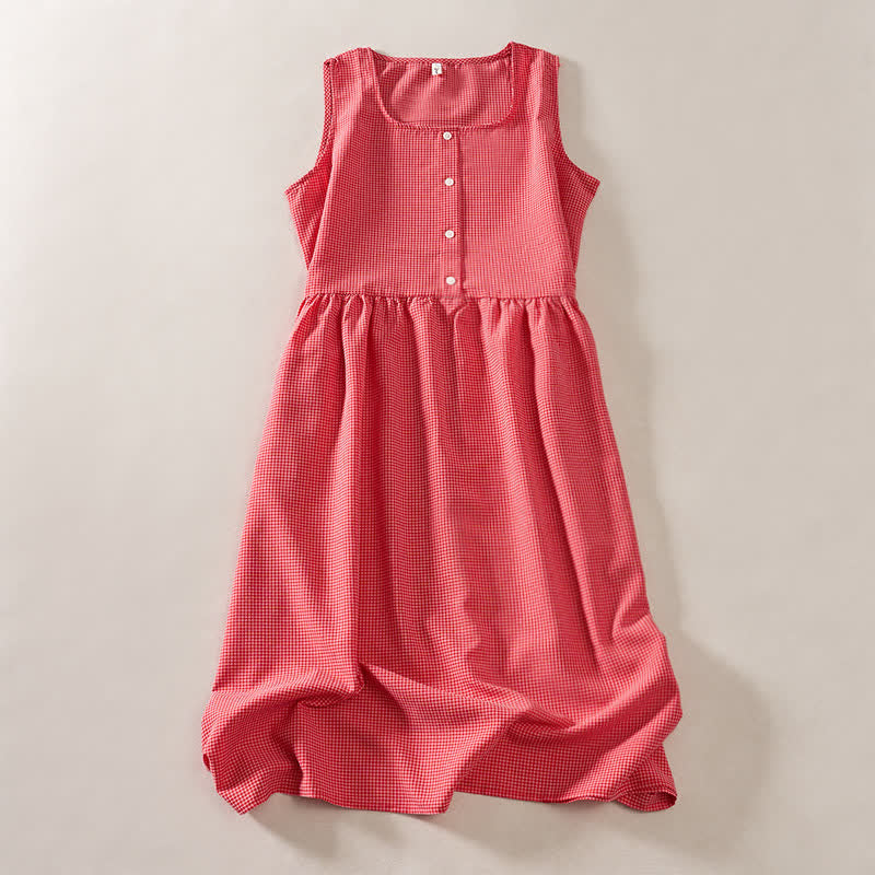 Buddha Stones Robe d'été corail vichy sans manches, coupe trapèze, longueur genou, style décontracté, avec poches - Corail - US14，UK/AU18，EU46 (2XL) - image 0