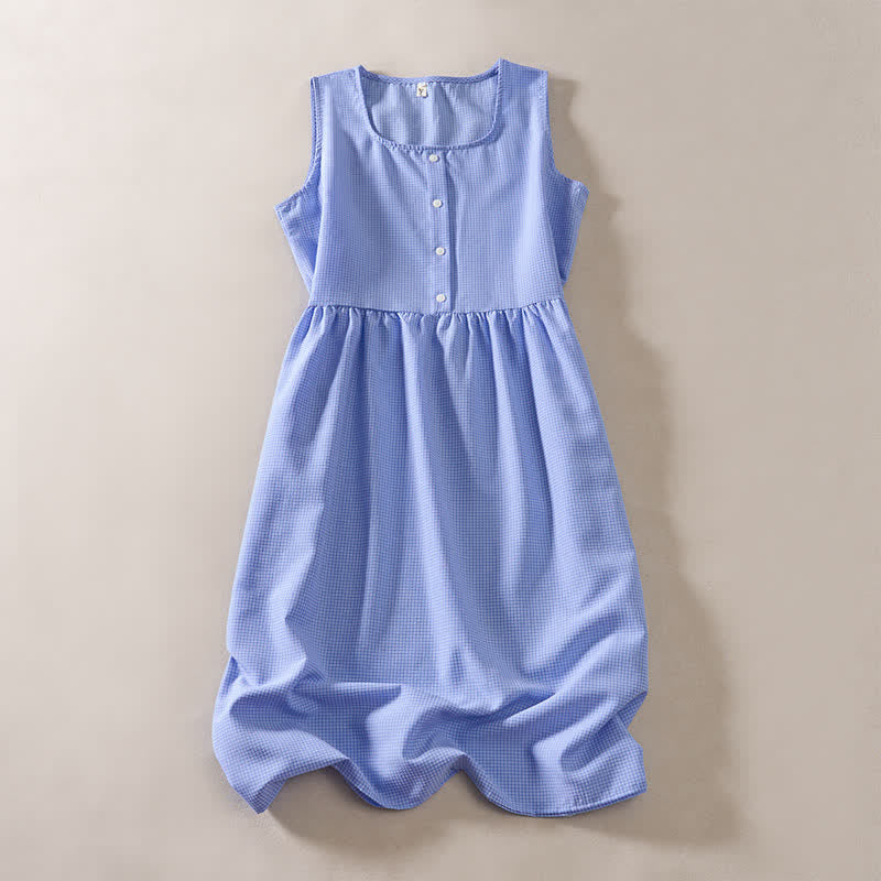 Buddha Stones Robe d'été corail vichy sans manches, coupe trapèze, longueur genou, style décontracté, avec poches - Bleu ciel clair - US14，UK/AU18，EU46 (2XL) - image 6