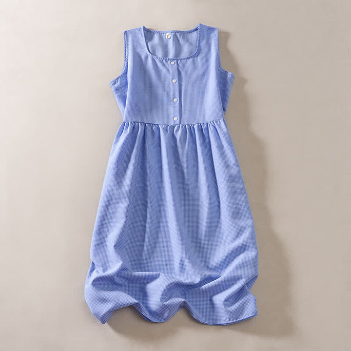 Buddha Stones Robe d'été corail vichy sans manches, coupe trapèze, longueur genou, style décontracté, avec poches - Bleu ciel clair - US14，UK/AU18，EU46 (2XL) - image 6