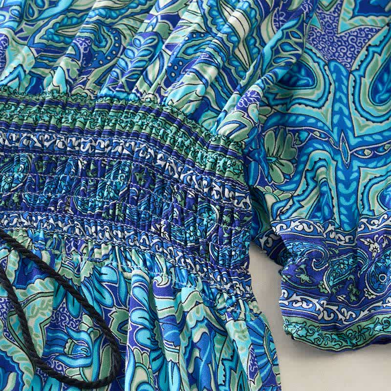 Buddha Stones Robe longue d'été à motif cachemire paon, taille nouée, manches lanternes en viscose - image 6