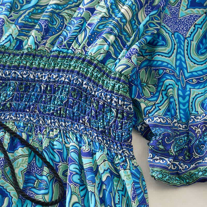 Buddha Stones Robe longue d'été à motif cachemire paon, taille nouée, manches lanternes en viscose - image 6