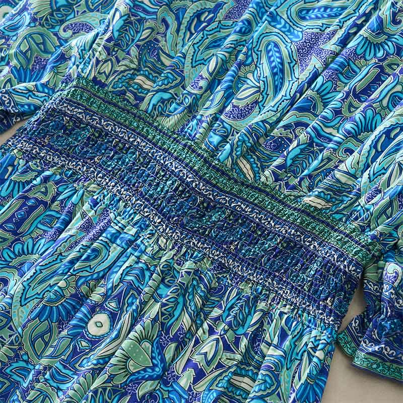 Buddha Stones Robe longue d'été à motif cachemire paon, taille nouée, manches lanternes en viscose - image 5