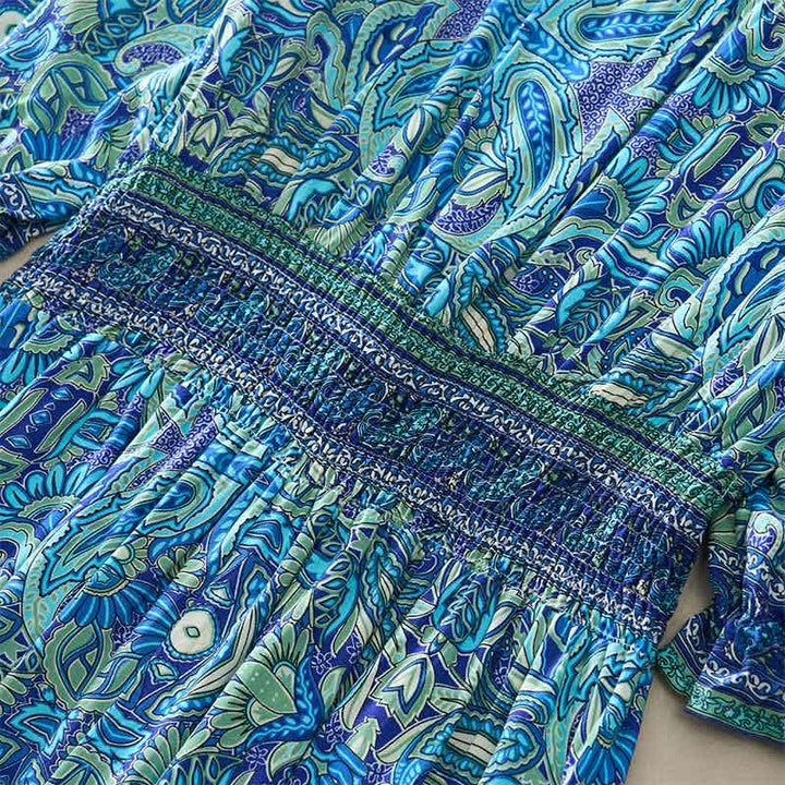 Buddha Stones Robe longue d'été à motif cachemire paon, taille nouée, manches lanternes en viscose - image 5