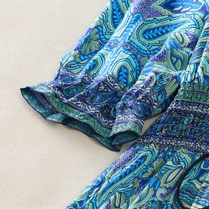 Buddha Stones Robe longue d'été à motif cachemire paon, taille nouée, manches lanternes en viscose - image 4