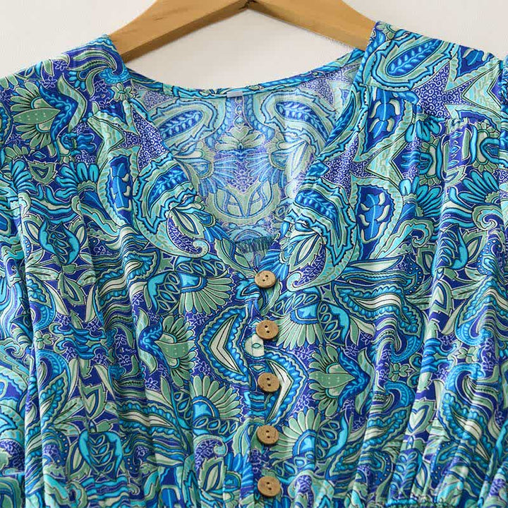 Buddha Stones Robe longue d'été à motif cachemire paon, taille nouée, manches lanternes en viscose - image 2