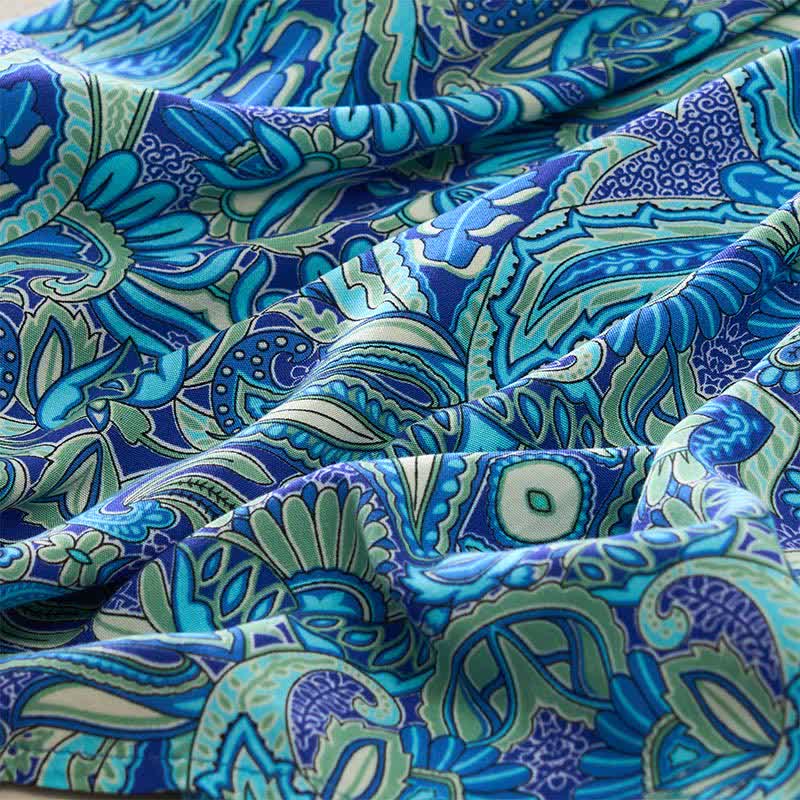 Buddha Stones Robe longue d'été à motif cachemire paon, taille nouée, manches lanternes en viscose - image 7