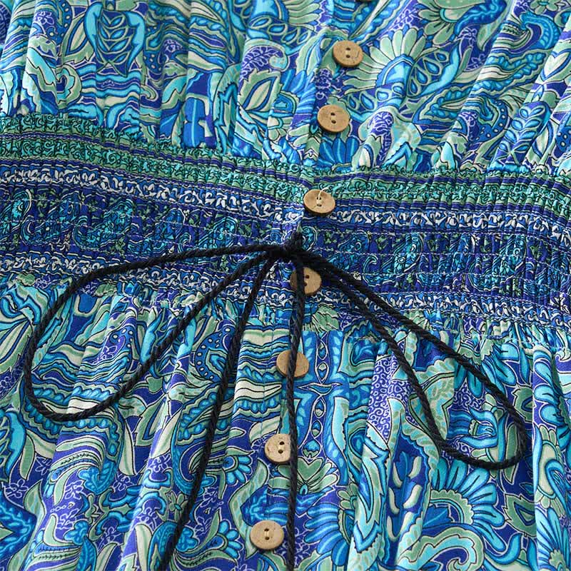 Buddha Stones Robe longue d'été à motif cachemire paon, taille nouée, manches lanternes en viscose - image 3