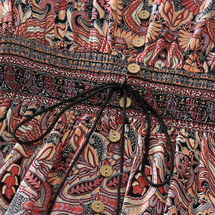 Buddha Stones Robe longue d'été à motif cachemire paon, taille nouée, manches lanternes en viscose - image 11
